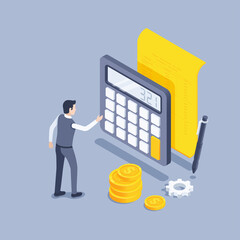 isometric vector illustration on a gray background, a man in business clothes stands near a calculator and a table with data on a sheet of paper, an accountant and a financial report - obrazy, fototapety, plakaty