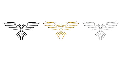 three color black gold silver line art of eagle  with beautiful wings. Curl floral ornament decoration. Good use for symbol, mascot, icon, avatar, tattoo, T Shirt design, logo or any design.