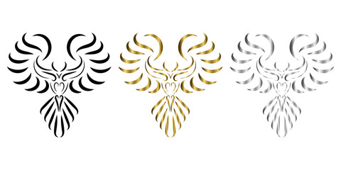 three color black gold silver line art of phoenix bird