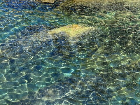 Turquoise sea water. Glittering transparent water. Beautiful jade green watercolor.