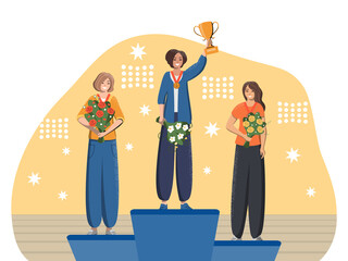 Three women - champions with flowers and awards on the victory podium. First, second and third place for winners of sports and intellectual competitions. Cup, medals. Flat cartoon vector illustration.
