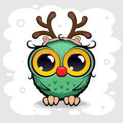 Cartoon green owl with big eyes and mask Christmas deer horns. Holiday concept New Year or Happy Christmas. Vector, illustration