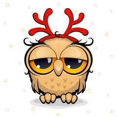 Cartoon owl and mask Christmas deer horns. Holiday concept New Year or Happy Christmas. Vector, illustration