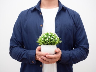 Man holding vase in hand crop shot white background