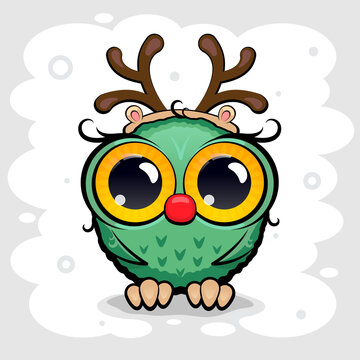 Cartoon green owl with big eyes and mask Christmas deer horns. Holiday concept New Year or Happy Christmas. Vector, illustration