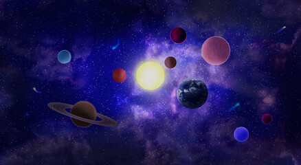 A solar system of nine planets around the sun. Astronomical space background with stars, comets and nebula. Element of this image Earth provided by NASA.