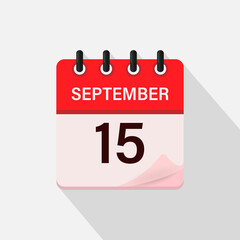 September 15, Calendar icon with shadow. Day, month. Flat vector illustration.