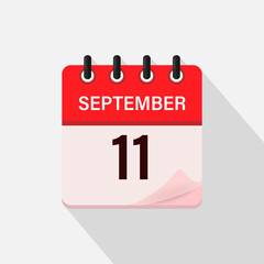 September 11, Calendar icon with shadow. Day, month. Flat vector illustration.