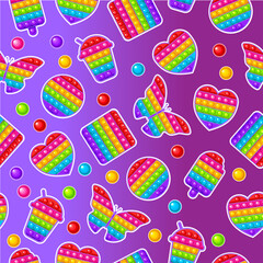 Seamless pattern. Colorful sensory anti-stress toy for fidget pop it . Colorful silicone bubbles. A set of different fashionable toys with simple dimple of rainbow color. - obrazy, fototapety, plakaty