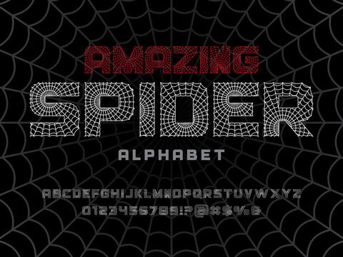 Spider web alphabet design with uppercase, numbers and symbols