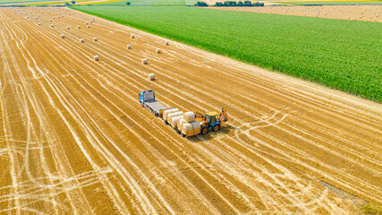 Above view of agricultural field, collecting round bales of straw