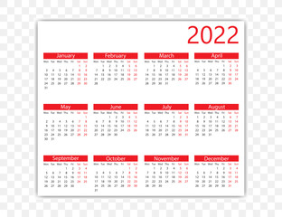2022 year, calendar. Vector illustration. Weeks start on Monday.
