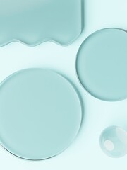3D Rendering Geometric or 
 Abstract Shape Acrylic Glass Plates Product Display Background for Summer Healthcare and Skincare Products. 