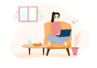 Concept Lifestyle quarantine, work from home. A woman working on a sofa chair with a notebook and cupcakes on the table next to her. Vector flat style. Illustration for content relax time, happy day