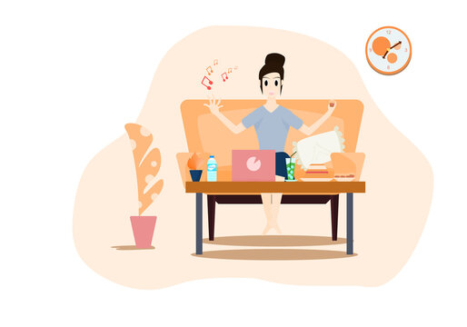Concept Lifestyle quarantine, relax time. woman holding a snack in her hand  watching a movie with a laptop  on the sofa in the living room. Vector flat style. Illustration for content watch laptop 