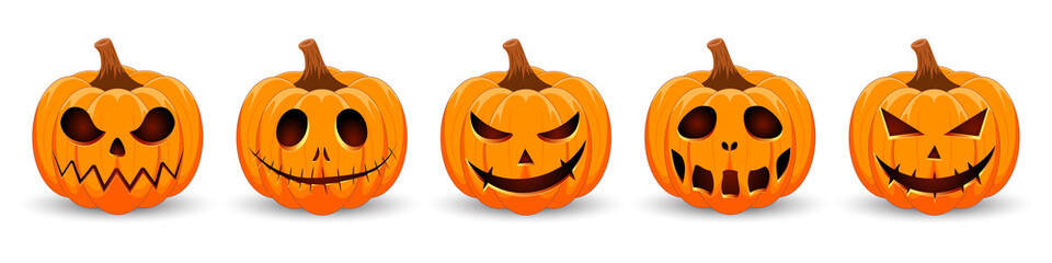 Set pumpkin on white background. The main symbol of the Happy Halloween holiday. Orange pumpkin with smile for your design for the holiday Halloween.
