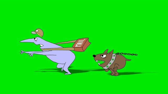 Postman runs from dog.
4K.Cartoon animation.On green screen.Slow version.