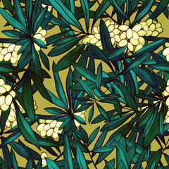 Buckthorn unripe berries and leaves modern seamless pattern. Digital and watercolour mixed media artwork. Endless motif for packaging, scrapbooking, decoupage paper, textiles and more.