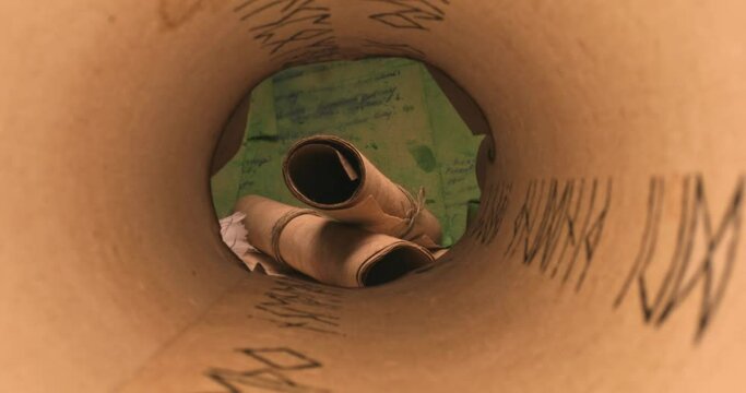 Library full of manuscripts hidden behind scrolls pile. Old library.