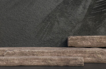 Timber podium for product presentation on stone wall background luxury style.,3d model and illustration.
