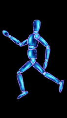 Marionette doll neon hologram isolated on black background, 3D illustration, 3D render