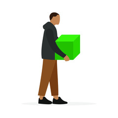 A male character with a large green cube in his hands is standing on a white background