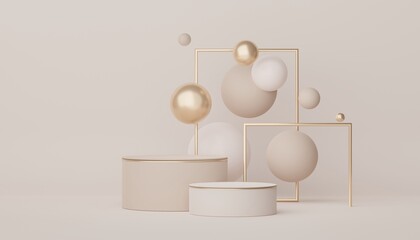Podium for product placement with Retro modern and contemporary design. 3d rendering minimal scene for mock up and showing brand. Pedestal platform for cosmetic advertise. Various of arch simple.