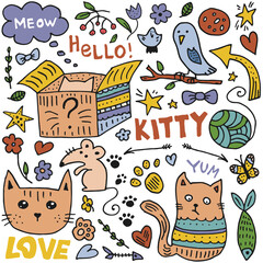 Fototapeta premium Doodle style hand drawn. Nature, animals and elements. Vector illustration. Cat life. Colorful illustration.