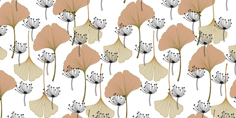 Ginkgo biloba leaf vector seamless pattern background. Trendy for fabric, textile print, wallpaper, invitation or packaging.


