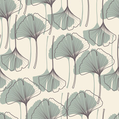 Ginkgo biloba leaf line art vector seamless pattern background. Trendy for fabric, textile print, wallpaper, invitation or packaging.


