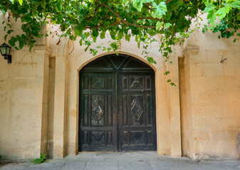 Fototapeta premium Wooden door ancient style wall black painted and grapevine above the door in cappadocia