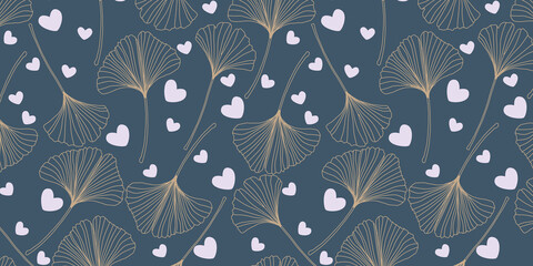 Golden ginkgo biloba leaf with heart vector seamless pattern background. Trendy for fabric, textile print, wallpaper, invitation or packaging.

