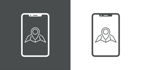 Icono silueta de smartphone con mapa con puntero con lineas en fondo gris y fondo blanco