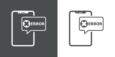 Icono silueta de smartphone con burbuja de habla con aspa y palabra error con lineas en fondo gris y fondo blanco  - obrazy, fototapety, plakaty