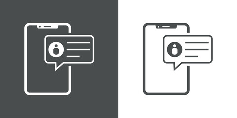 Icono silueta de smartphone con burbuja de habla con símbolo usuario con lineas en fondo gris y fondo blanco