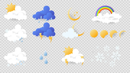 Set weather, clear sky, cloudy sky, rain, rainbow, lightning, moon, cloud, snow, and stars , illustration of the weather concept isolated on transparent background ,  Flat Modern design 