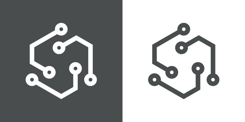 Tecnología electrónica. Logotipo circuito digital en cuadrado 3d con lineas en fondo gris y fondo blanco © teracreonte