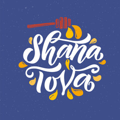 Vector illustration of lettering typography for Rosh Hashanah Jewish New Year. Icon, badge, poster, banner signature Shana Tova Happy New Year. Template for postcard, invitation, card