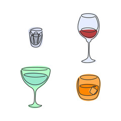 One line drawing vodka wine vermouth whiskey glass on white background. Color cartoon graphic sketch. Continuous line way. Hand drawn party drinks concept. Freehand drawing style
