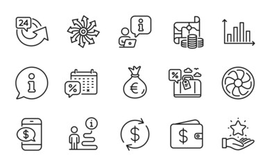 Finance icons set. Included icon as Money bag, Fan engine, Diagram graph signs. Versatile, Travel loan, Dollar wallet symbols. Discounts calendar, Loyalty program, Phone payment. 24 hours. Vector