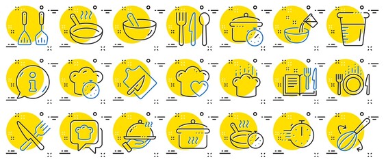 Cooking line icons. Boiling time, Frying pan and Kitchen utensils. Fork, spoon and knife line icons. Recipe book, chef hat and cutting board. Cooking book, frying time, hot pan. Vector