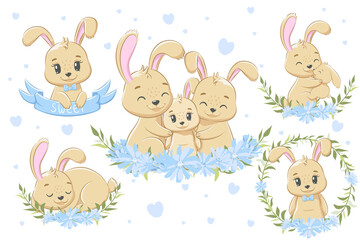 A collection of cute rabbit family for boys. Vector illustration of a cartoon.