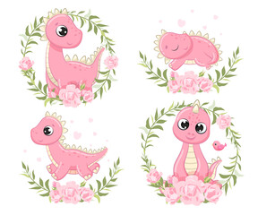 Set of cute baby dinosaurs illustration. Vector illustration for baby shower, greeting card, party invitation, fashion clothes t-shirt print.