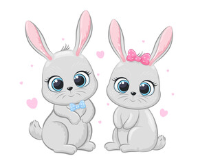 A cute pair of rabbits with hearts. Cartoon vector illustration.
