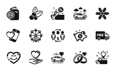 Vector set of Snowflake, Smile face and Ferris wheel icons simple set. Christmas holly, Honeymoon travel and Piggy sale icons. Heart, Hold heart and Creative idea signs. Vector