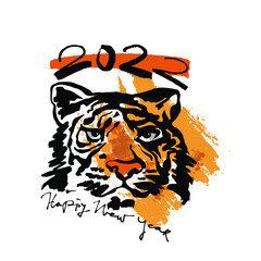 Tiger year 2022 in watercolor pattern. Happy New Year lettering.Vintage invitation. Creative design. Lettering typography poster. 