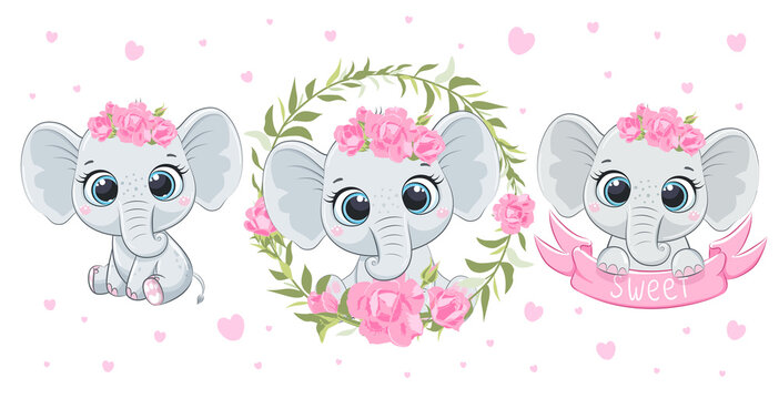 A set of cute and sweet baby elephants. Baby elephant girl. Vector illustration of a cartoon.