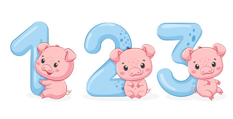 Collection of 3 cute piglets "Happy birthday, 1,2,3 years". Vector illustration of a cartoon. © Arina
