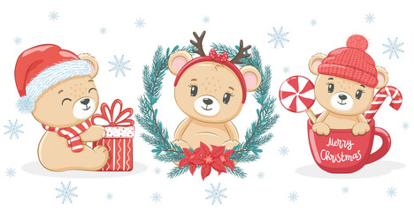 Obraz na płótnie Canvas A set of 3 cute teddy bears for New Year and Christmas. Vector illustration of a cartoon.