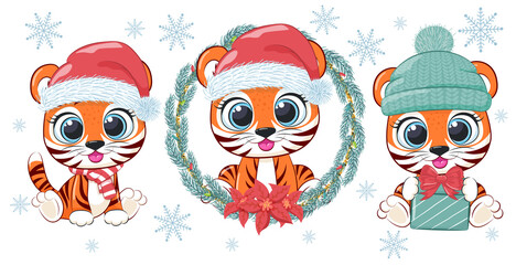 A set of three cute and sweet tiger cubs for New Year and Christmas. Vector illustration of a cartoon.